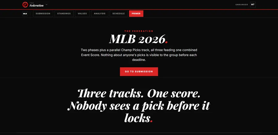 The Hub's MLB 2026 primer page headlined Three tracks. One score. Nobody sees a pick before it locks.