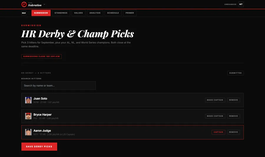The Hub's MLB HR Derby and Champ Picks submission screen with three selected hitters and a Save Derby Picks button.