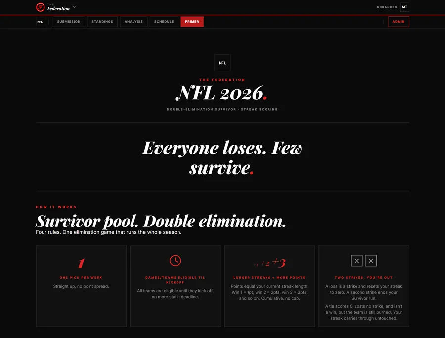 The Hub's NFL 2026 primer page headlined Everyone loses. Few survive., with four rule cards below.