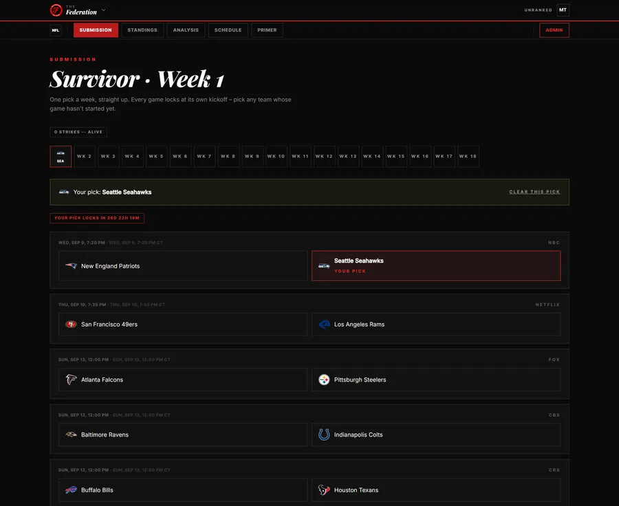 The Hub's NFL Survivor submission screen, showing the current week's picks, a locked pick against the Seattle Seahawks, and a countdown to the next lock.